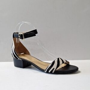 Talbots Black White Animal Print Calf Hair Mobwife Preppy Heel Sandals Size 9